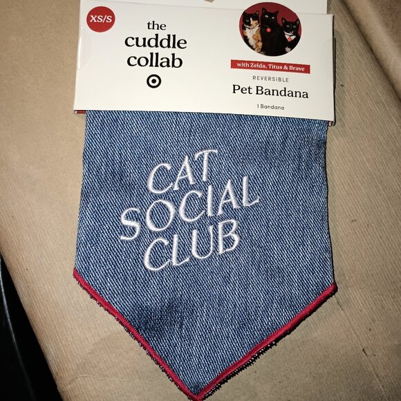 NEW Cat Social Club" Blue Twill Reversible Cat Bandana - The Cuddle Collab - Picture 3 of 5